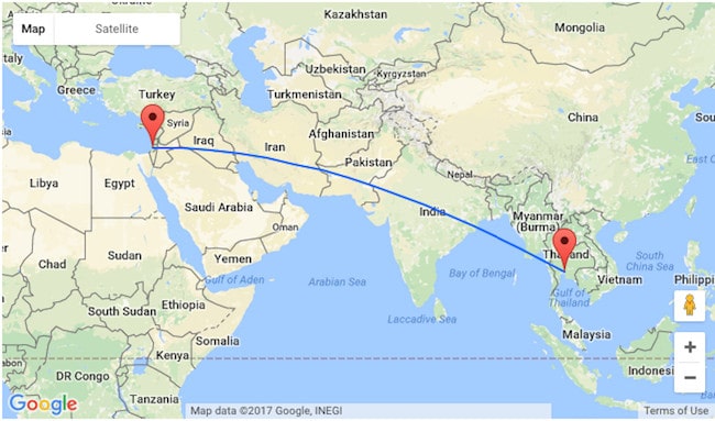מפה שמראה טיסה מישראל לתאילנד וקוו חוצה בדףבטיסות זולות לתאילנד של תאי טורס