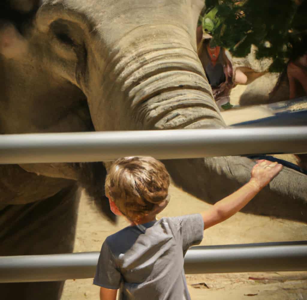 ילד חייכן מלטף פיל בשמורת חיות בפוקט
